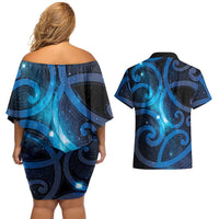 New Zealand Maori Matariki Couples Matching Off Shoulder Short Dress and Hawaiian Shirt Galaxy Kowhaiwhai LT7 - Polynesian Pride