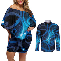 New Zealand Maori Matariki Couples Matching Off Shoulder Short Dress and Long Sleeve Button Shirt Galaxy Kowhaiwhai LT7 Galaxy - Polynesian Pride
