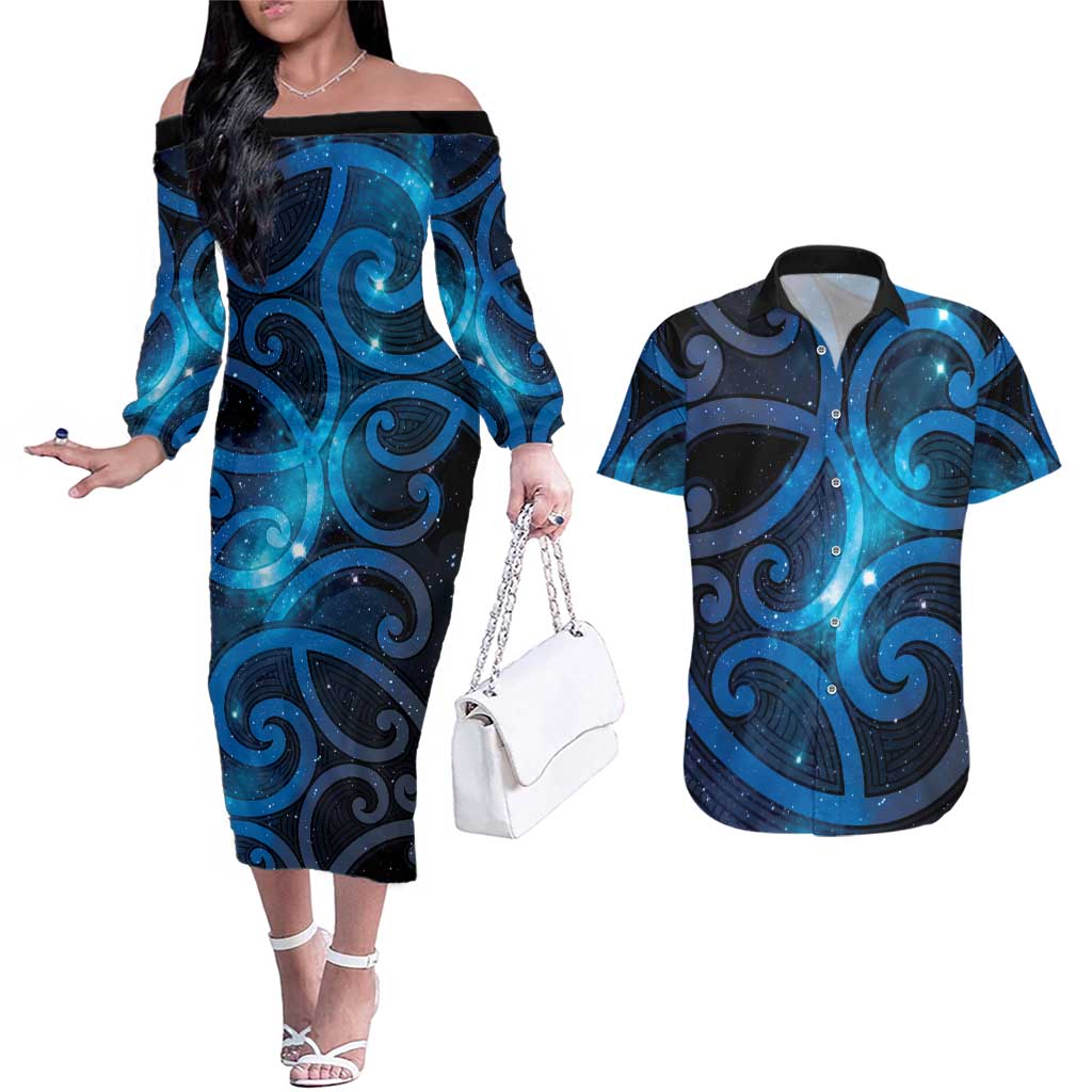 New Zealand Maori Matariki Couples Matching Off The Shoulder Long Sleeve Dress and Hawaiian Shirt Galaxy Kowhaiwhai LT7 Galaxy - Polynesian Pride
