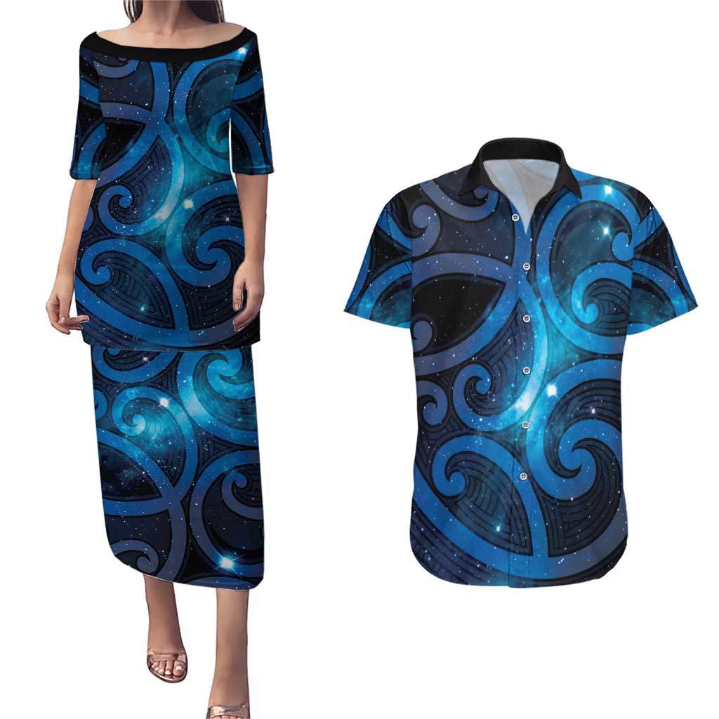 New Zealand Maori Matariki Couples Matching Puletasi and Hawaiian Shirt Galaxy Kowhaiwhai LT7 Galaxy - Polynesian Pride