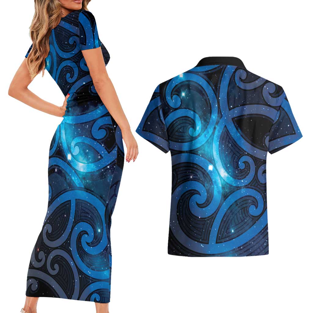New Zealand Maori Matariki Couples Matching Short Sleeve Bodycon Dress and Hawaiian Shirt Galaxy Kowhaiwhai LT7 - Polynesian Pride