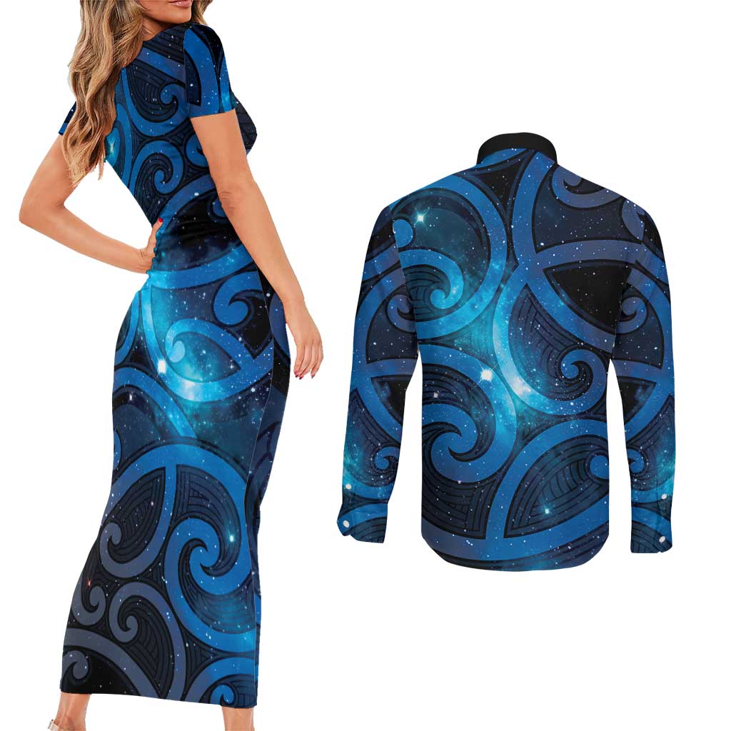 New Zealand Maori Matariki Couples Matching Short Sleeve Bodycon Dress and Long Sleeve Button Shirt Galaxy Kowhaiwhai LT7 - Polynesian Pride