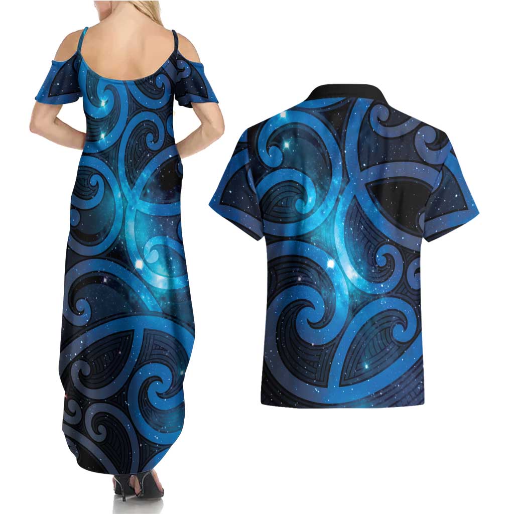 New Zealand Maori Matariki Couples Matching Summer Maxi Dress and Hawaiian Shirt Galaxy Kowhaiwhai LT7 - Polynesian Pride