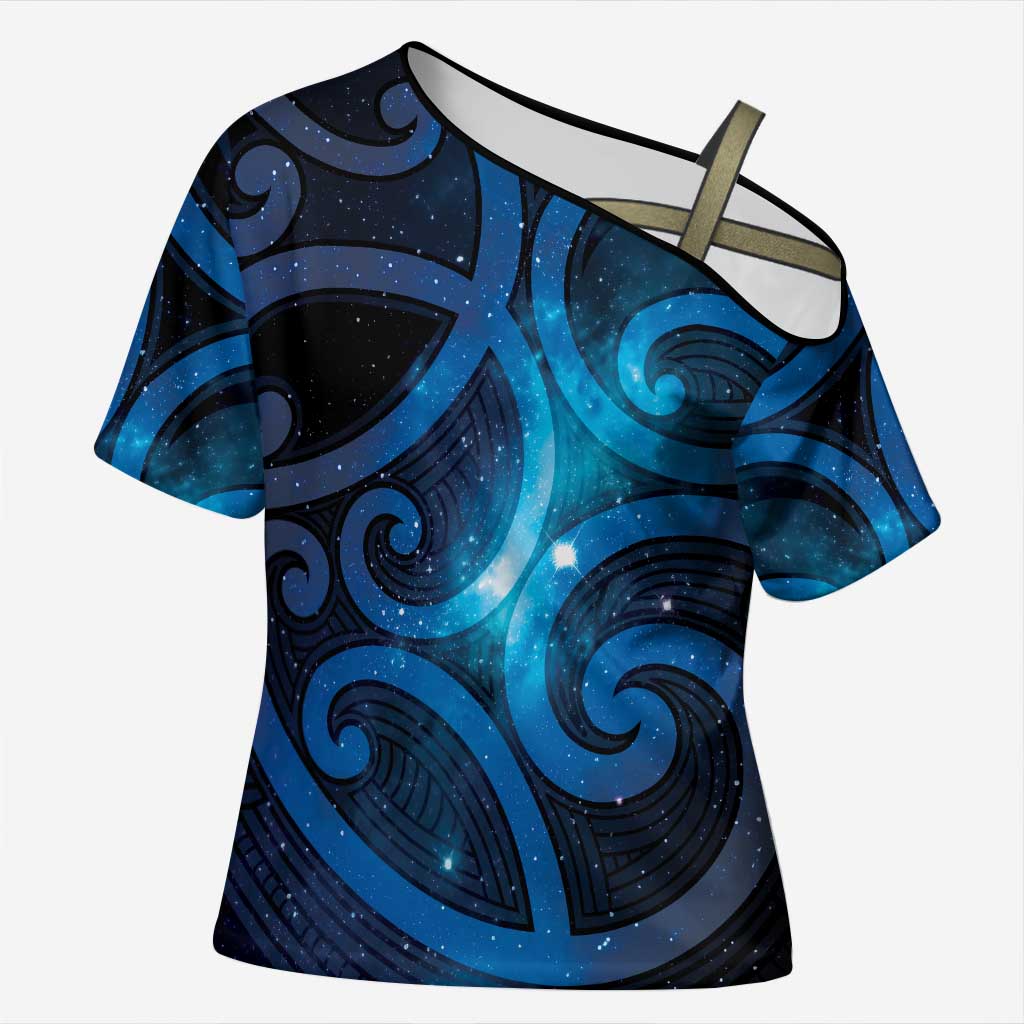 New Zealand Maori Matariki Cross Shoulder Shirt Galaxy Kowhaiwhai