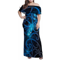 New Zealand Maori Matariki Family Matching Off Shoulder Maxi Dress and Hawaiian Shirt Galaxy Kowhaiwhai LT7 Mom's Dress Galaxy - Polynesian Pride