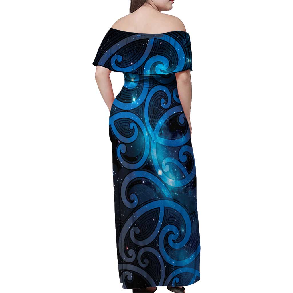 New Zealand Maori Matariki Family Matching Off Shoulder Maxi Dress and Hawaiian Shirt Galaxy Kowhaiwhai LT7 - Polynesian Pride