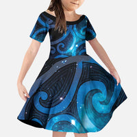 New Zealand Maori Matariki Family Matching Off Shoulder Short Dress and Hawaiian Shirt Galaxy Kowhaiwhai LT7 Daughter's Dress Galaxy - Polynesian Pride