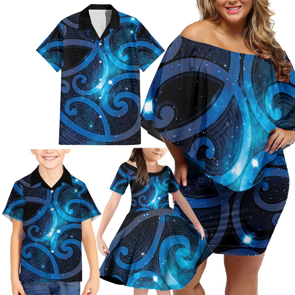 New Zealand Maori Matariki Family Matching Off Shoulder Short Dress and Hawaiian Shirt Galaxy Kowhaiwhai LT7 - Polynesian Pride