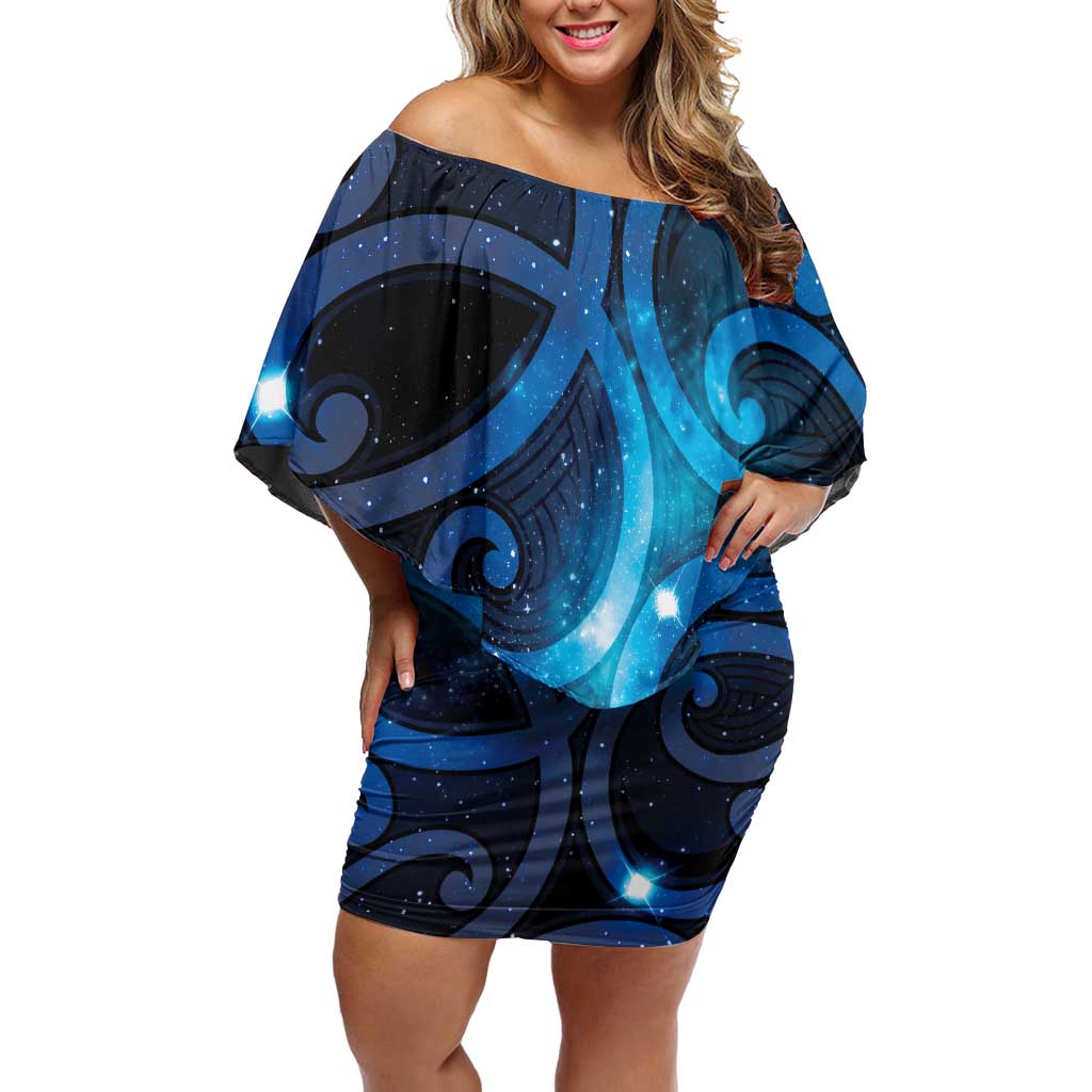 New Zealand Maori Matariki Family Matching Off Shoulder Short Dress and Hawaiian Shirt Galaxy Kowhaiwhai LT7 Mom's Dress Galaxy - Polynesian Pride
