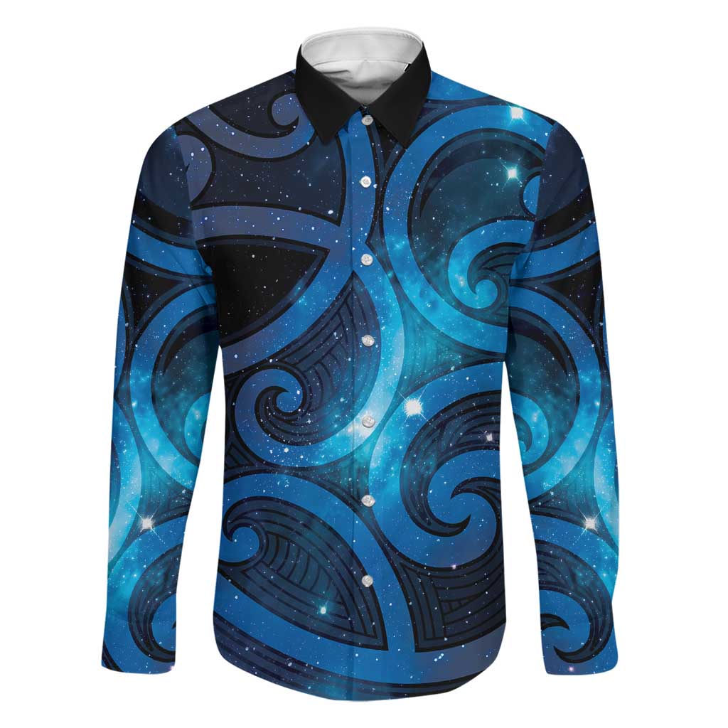 New Zealand Maori Matariki Family Matching Puletasi and Hawaiian Shirt Galaxy Kowhaiwhai LT7 Dad's Shirt - Long Sleeve Galaxy - Polynesian Pride