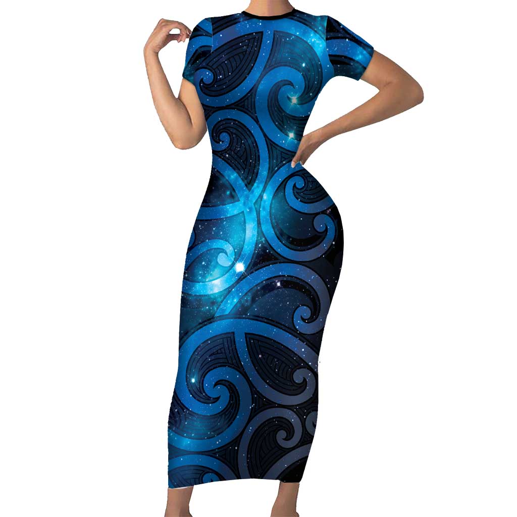 New Zealand Maori Matariki Family Matching Short Sleeve Bodycon Dress and Hawaiian Shirt Galaxy Kowhaiwhai LT7 Mom's Dress Galaxy - Polynesian Pride