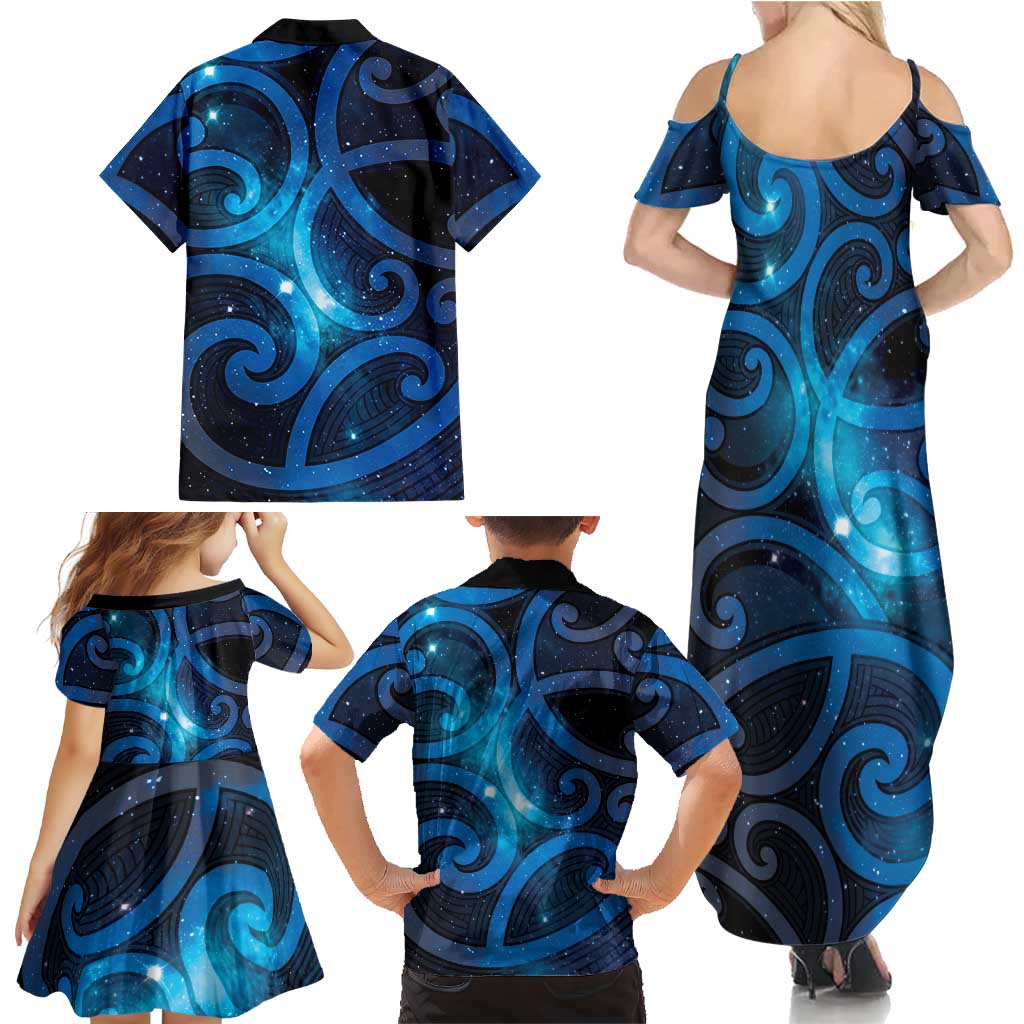 New Zealand Maori Matariki Family Matching Summer Maxi Dress and Hawaiian Shirt Galaxy Kowhaiwhai LT7 - Polynesian Pride