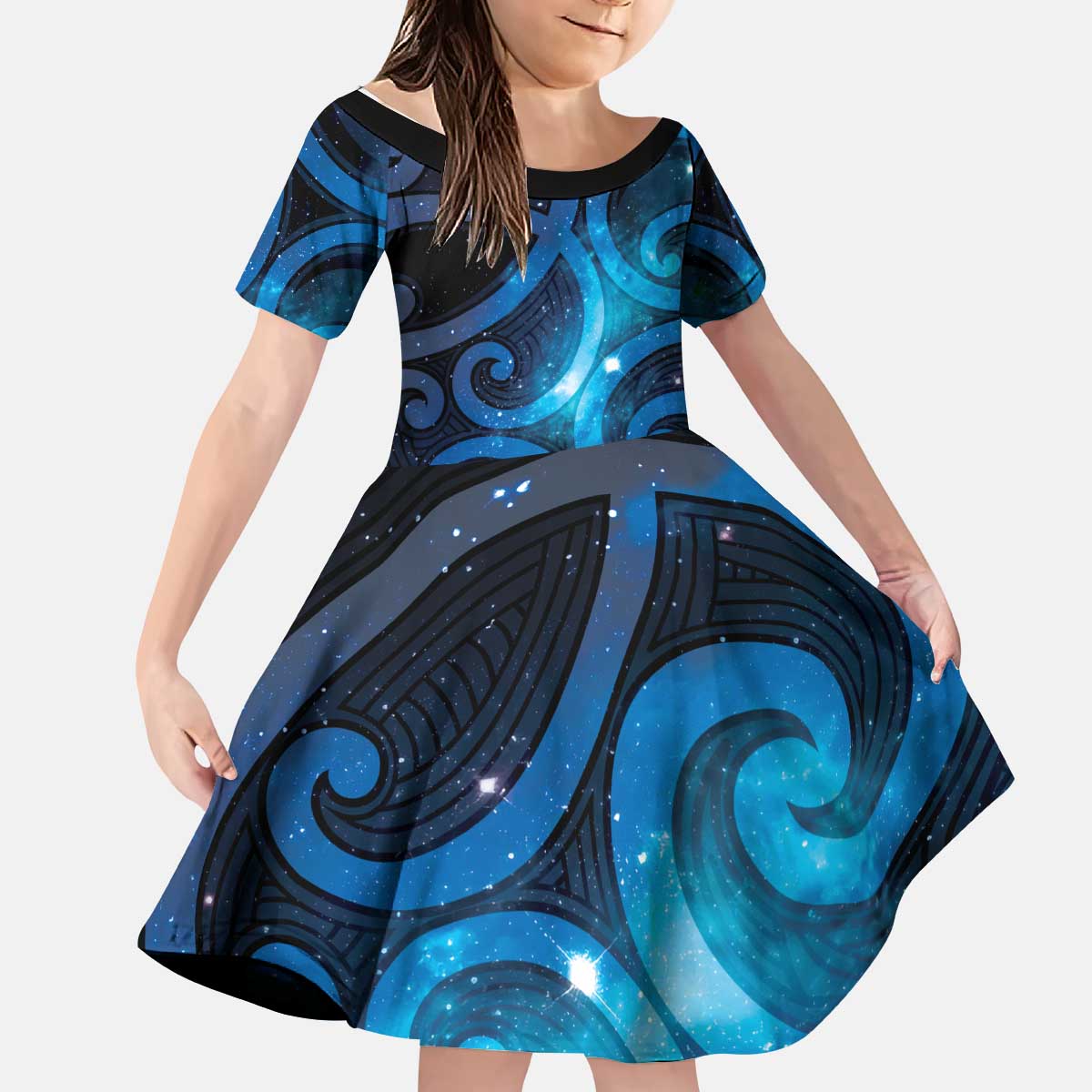 New Zealand Maori Matariki Kid Short Sleeve Dress Galaxy Kowhaiwhai