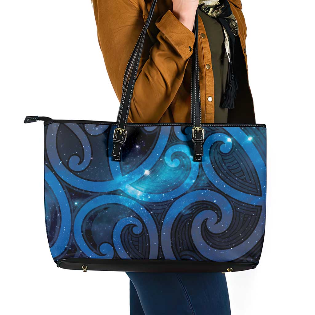 New Zealand Maori Matariki Leather Tote Bag Galaxy Kowhaiwhai