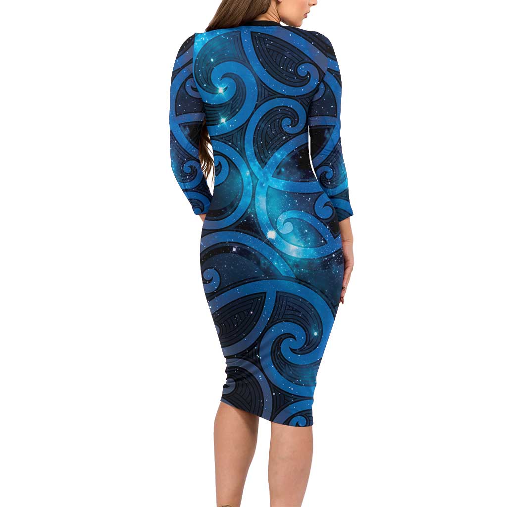 New Zealand Maori Matariki Long Sleeve Bodycon Dress Galaxy Kowhaiwhai
