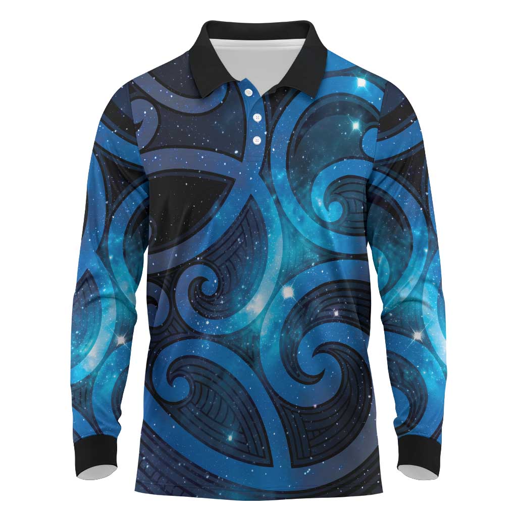 New Zealand Maori Matariki Long Sleeve Polo Shirt Galaxy Kowhaiwhai