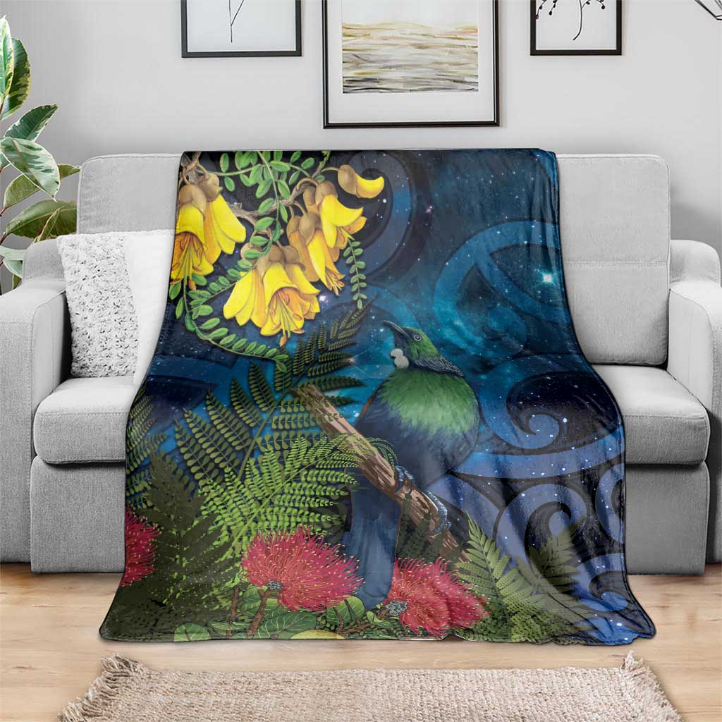Tui Bird New Zealand Starry Sky Blanket Maori Koru