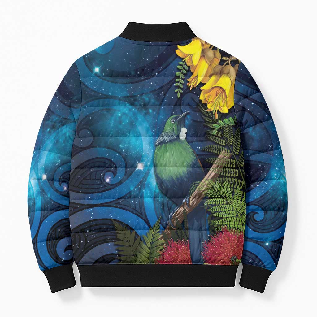 Tui Bird New Zealand Starry Sky Bomber Puffer Jacket Maori Koru
