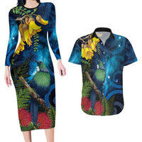 Tui Bird New Zealand Starry Sky Couples Matching Long Sleeve Bodycon Dress and Hawaiian Shirt Maori Koru LT7 Galaxy - Polynesian Pride