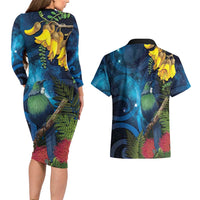 Tui Bird New Zealand Starry Sky Couples Matching Long Sleeve Bodycon Dress and Hawaiian Shirt Maori Koru LT7 - Polynesian Pride
