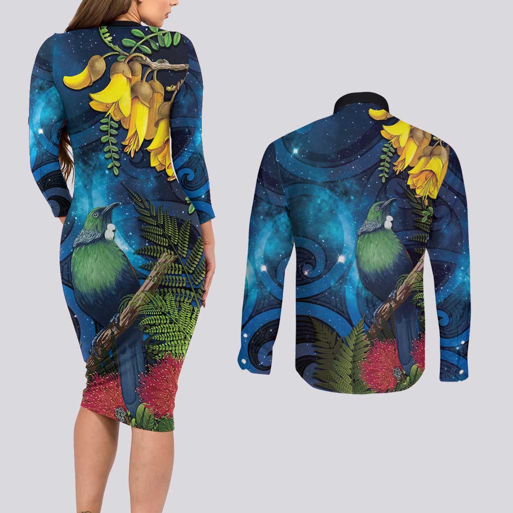 Tui Bird New Zealand Starry Sky Couples Matching Long Sleeve Bodycon Dress and Long Sleeve Button Shirt Maori Koru LT7 - Polynesian Pride