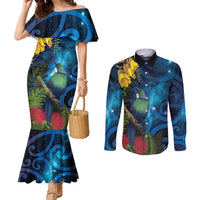 Tui Bird New Zealand Starry Sky Couples Matching Mermaid Dress and Long Sleeve Button Shirt Maori Koru LT7 Galaxy - Polynesian Pride