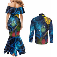 Tui Bird New Zealand Starry Sky Couples Matching Mermaid Dress and Long Sleeve Button Shirt Maori Koru LT7 - Polynesian Pride