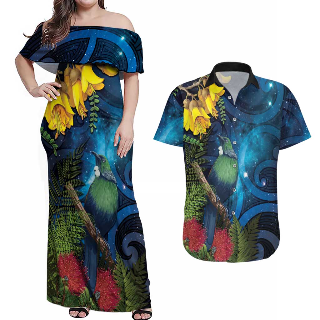 Tui Bird New Zealand Starry Sky Couples Matching Off Shoulder Maxi Dress and Hawaiian Shirt Maori Koru LT7 Galaxy - Polynesian Pride