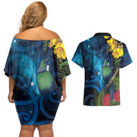 Tui Bird New Zealand Starry Sky Couples Matching Off Shoulder Short Dress and Hawaiian Shirt Maori Koru LT7 - Polynesian Pride