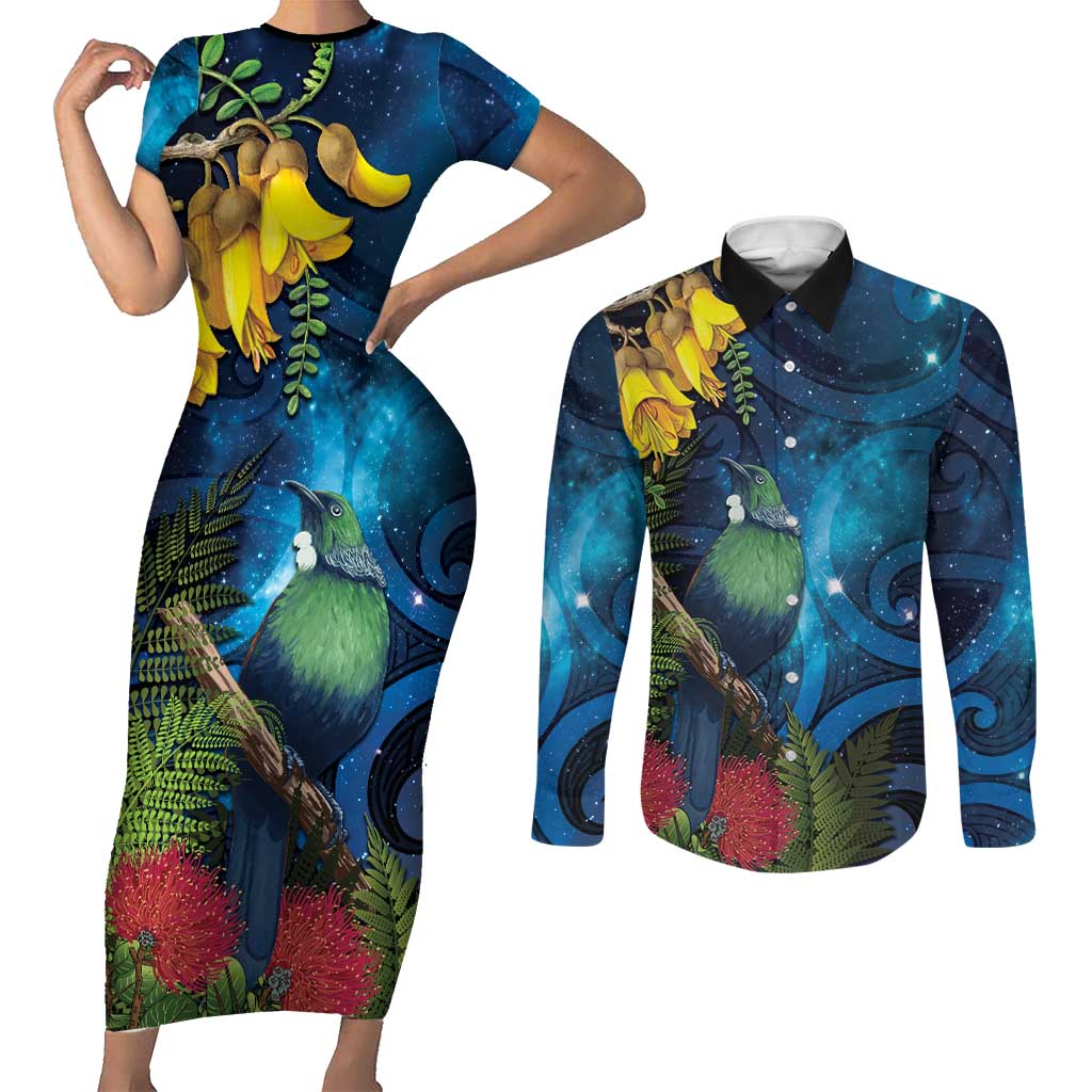 Tui Bird New Zealand Starry Sky Couples Matching Short Sleeve Bodycon Dress and Long Sleeve Button Shirt Maori Koru LT7 Galaxy - Polynesian Pride