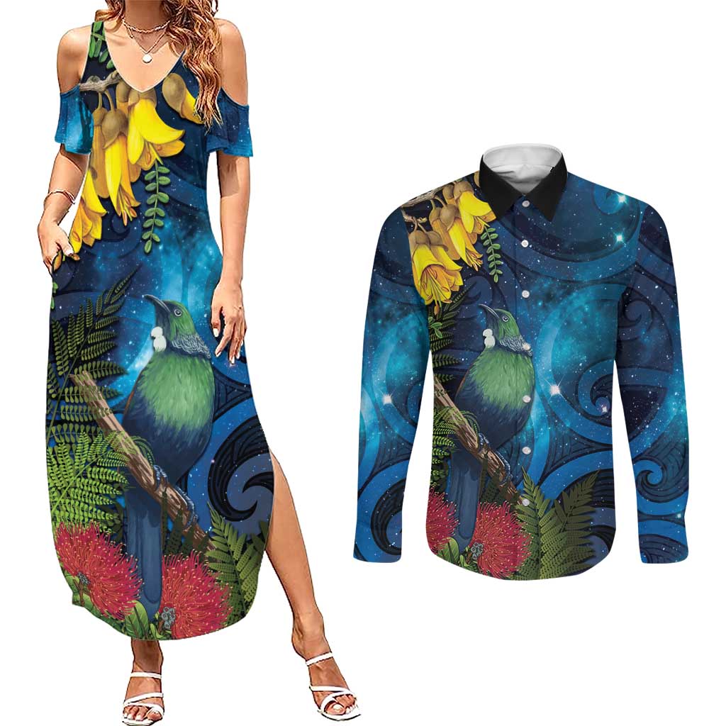 Tui Bird New Zealand Starry Sky Couples Matching Summer Maxi Dress and Long Sleeve Button Shirt Maori Koru LT7 Galaxy - Polynesian Pride