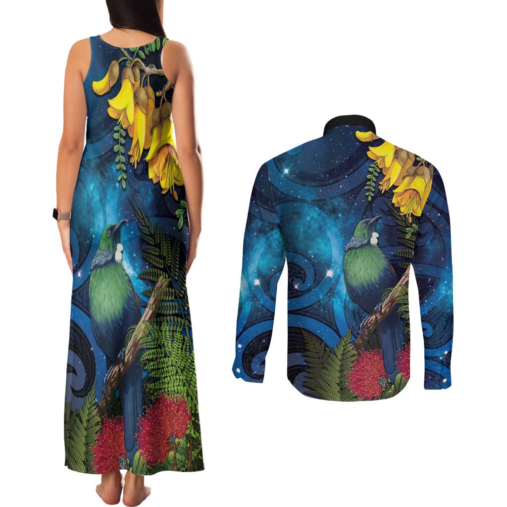 Tui Bird New Zealand Starry Sky Couples Matching Tank Maxi Dress and Long Sleeve Button Shirt Maori Koru