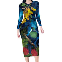 Tui Bird New Zealand Starry Sky Family Matching Long Sleeve Bodycon Dress and Hawaiian Shirt Maori Koru LT7 Mom's Dress Galaxy - Polynesian Pride