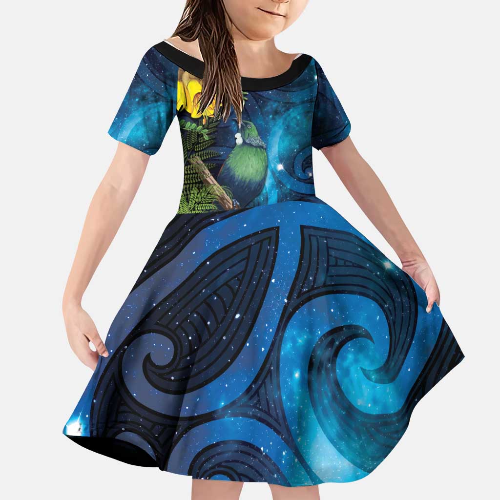 Tui Bird New Zealand Starry Sky Family Matching Mermaid Dress and Hawaiian Shirt Maori Koru LT7 Daughter's Dress Galaxy - Polynesian Pride