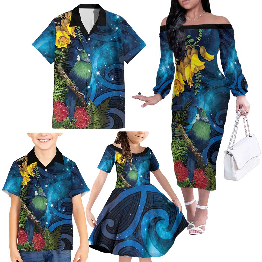 Tui Bird New Zealand Starry Sky Family Matching Off The Shoulder Long Sleeve Dress and Hawaiian Shirt Maori Koru