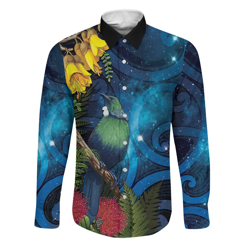 Tui Bird New Zealand Starry Sky Family Matching Off The Shoulder Long Sleeve Dress and Hawaiian Shirt Maori Koru LT7 Dad's Shirt - Long Sleeve Galaxy - Polynesian Pride