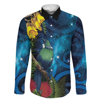 Tui Bird New Zealand Starry Sky Family Matching Off Shoulder Maxi Dress and Hawaiian Shirt Maori Koru LT7 Dad's Shirt - Long Sleeve Galaxy - Polynesian Pride