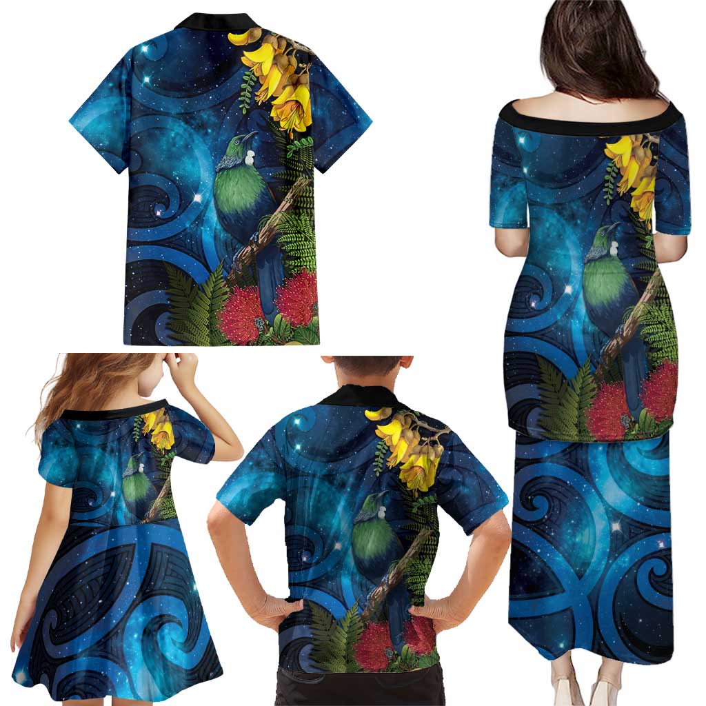 Tui Bird New Zealand Starry Sky Family Matching Puletasi and Hawaiian Shirt Maori Koru LT7 - Polynesian Pride