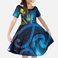 Tui Bird New Zealand Starry Sky Family Matching Short Sleeve Bodycon Dress and Hawaiian Shirt Maori Koru LT7 Daughter's Dress Galaxy - Polynesian Pride