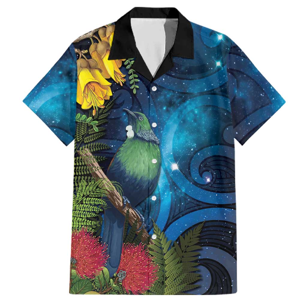 Tui Bird New Zealand Starry Sky Family Matching Summer Maxi Dress and Hawaiian Shirt Maori Koru LT7 Dad's Shirt - Short Sleeve Galaxy - Polynesian Pride