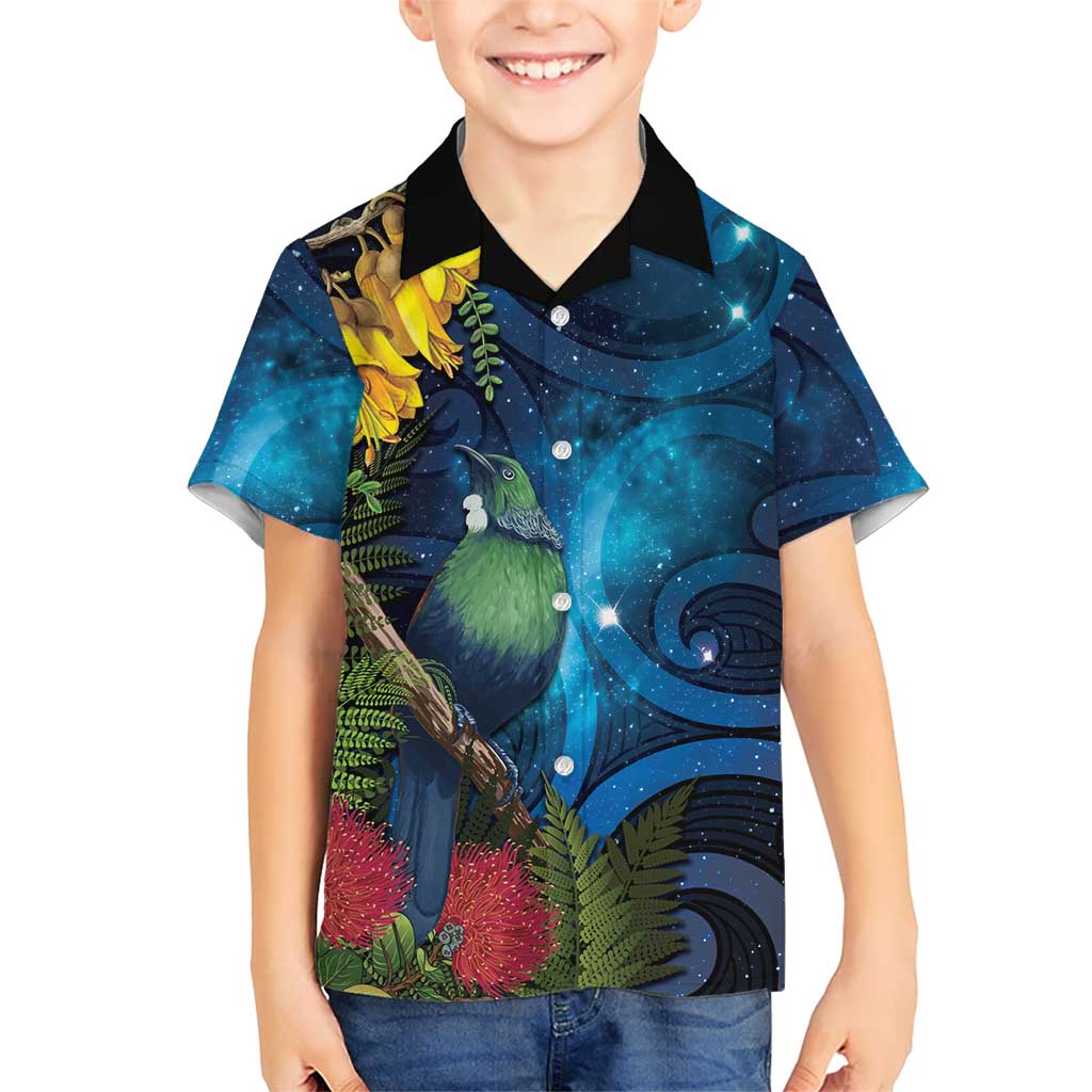Tui Bird New Zealand Starry Sky Kid Hawaiian Shirt Maori Koru