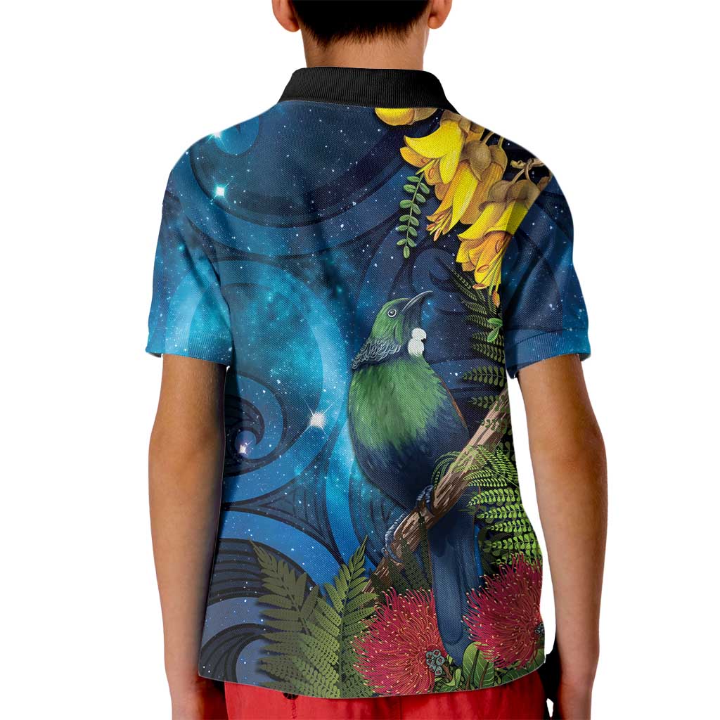 Tui Bird New Zealand Starry Sky Kid Polo Shirt Maori Koru