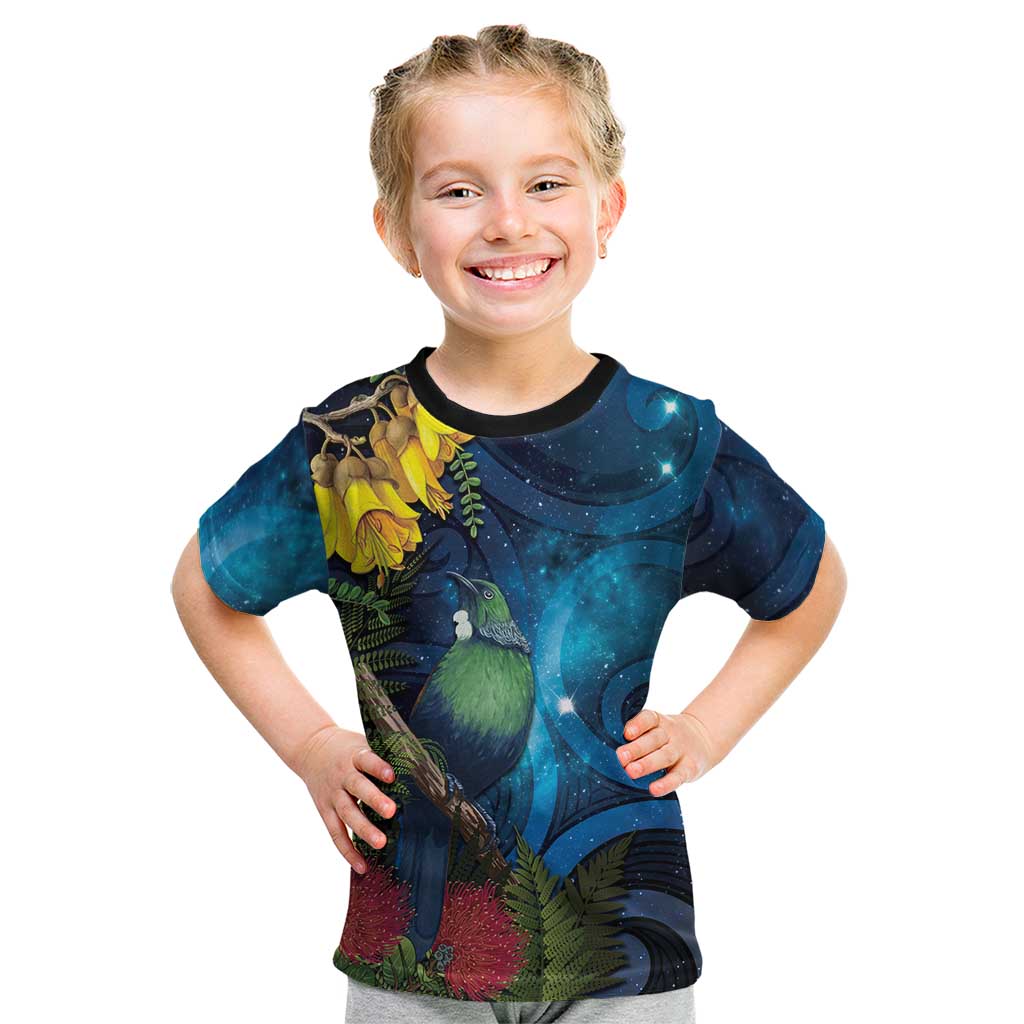 Tui Bird New Zealand Starry Sky Kid T Shirt Maori Koru