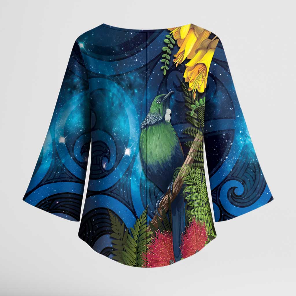 Tui Bird New Zealand Starry Sky Kimono Sleeve Blouse Maori Koru