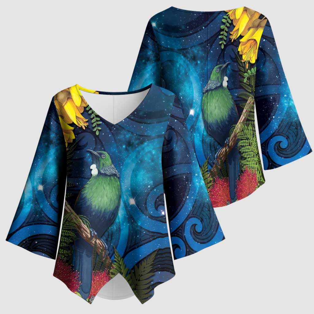 Tui Bird New Zealand Starry Sky Kimono Sleeve Blouse Maori Koru