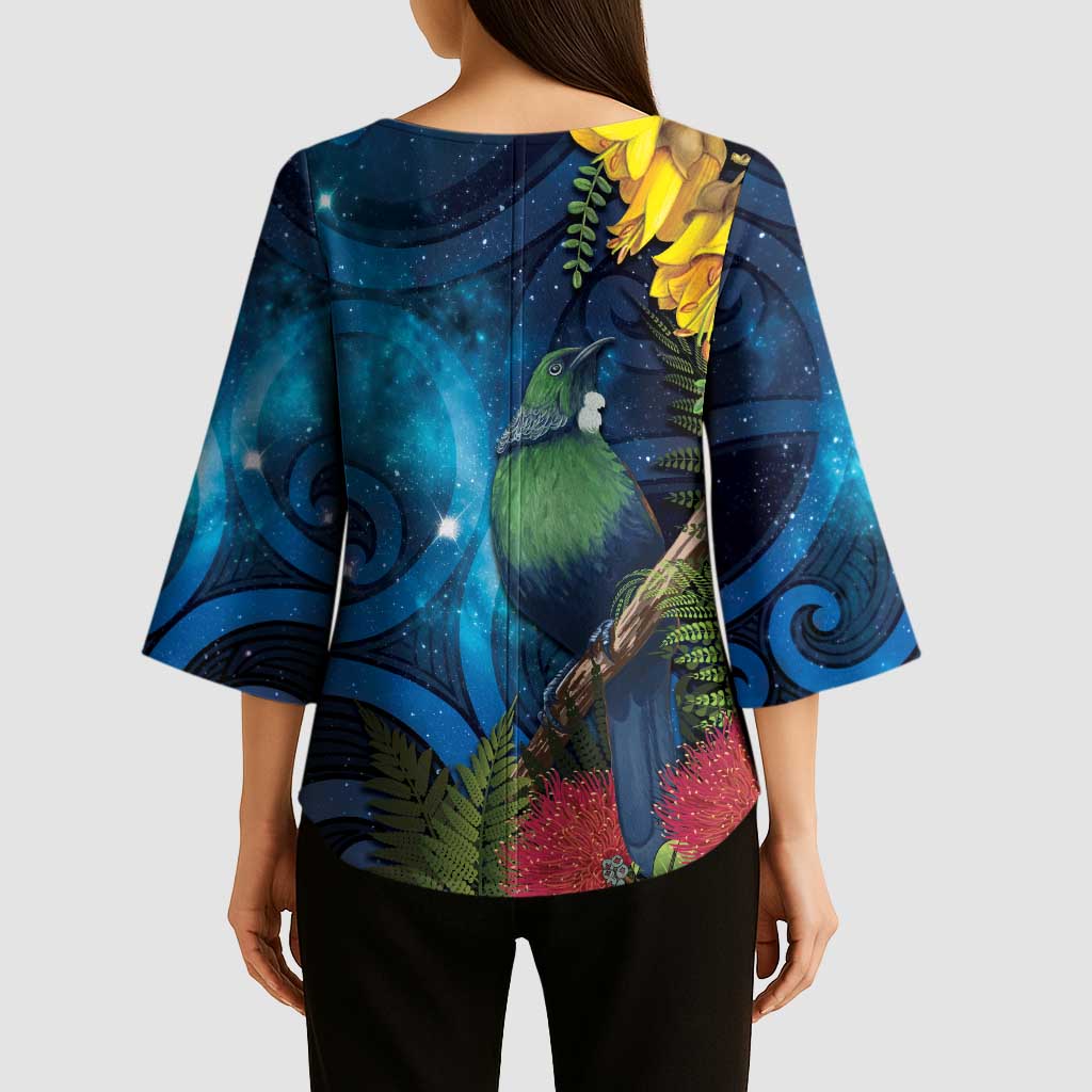 Tui Bird New Zealand Starry Sky Kimono Sleeve Blouse Maori Koru