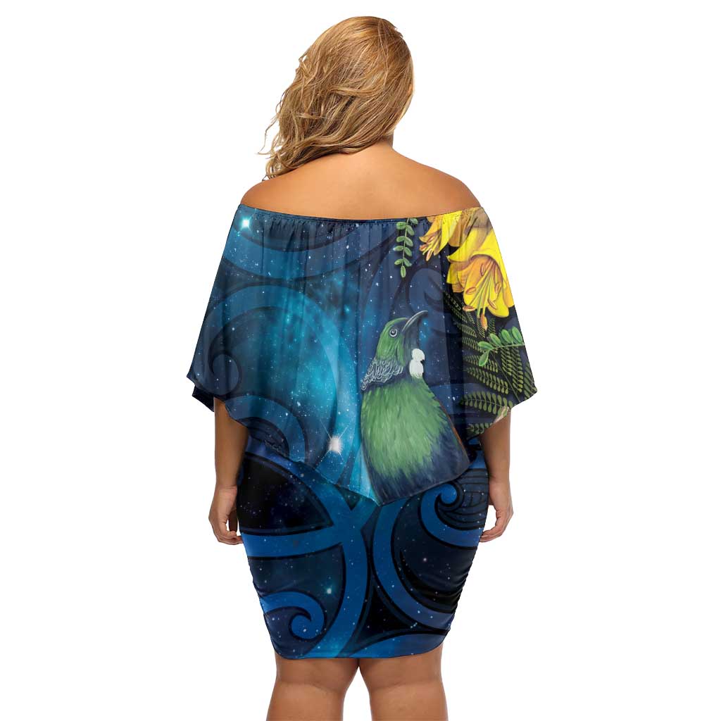 Tui Bird New Zealand Starry Sky Off Shoulder Short Dress Maori Koru