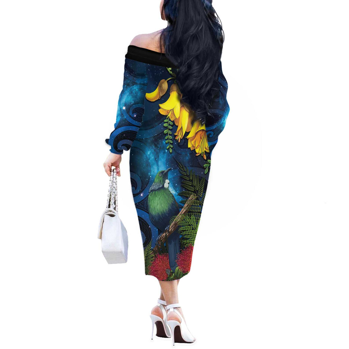 Tui Bird New Zealand Starry Sky Off The Shoulder Long Sleeve Dress Maori Koru