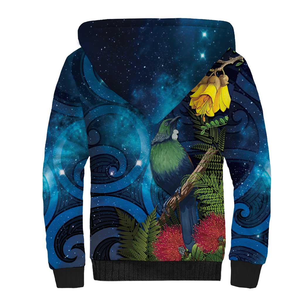 Tui Bird New Zealand Starry Sky Sherpa Hoodie Maori Koru