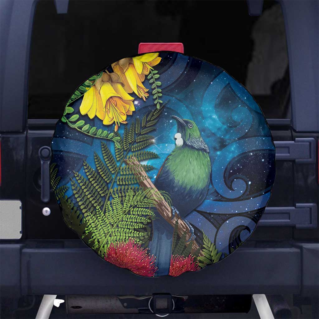 Tui Bird New Zealand Starry Sky Spare Tire Cover Maori Koru